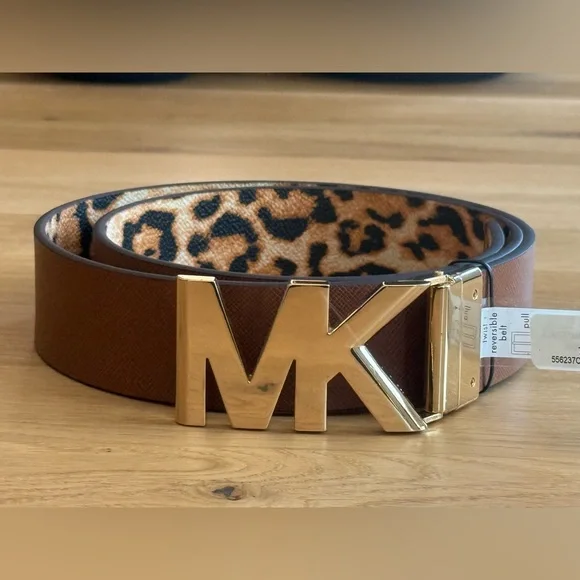 Michael Kors Reversible Leopard Print Belt with Gold Buckle NWT - Picture 2 of 5